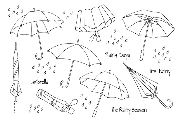 Set of rain umbrellas open and closed umbrellas Collection of seasonal accessories Sketch linear