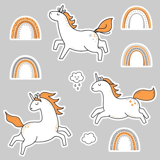 Set of rainbow unicorn stickers.