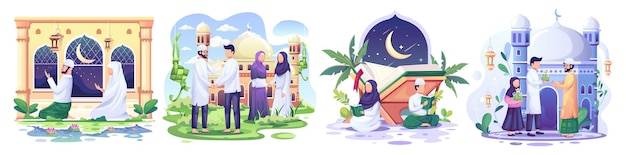 Set of Ramadan concept illustration Happy Muslim people celebrate Holy Month illustration