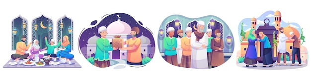 Set of Ramadan concept illustration Muslim people celebrate Holy Month Ramadan illustration