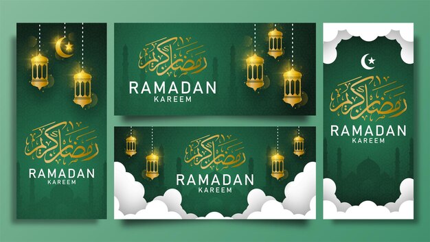 Set of Ramadan Kareem background and banner with lantern