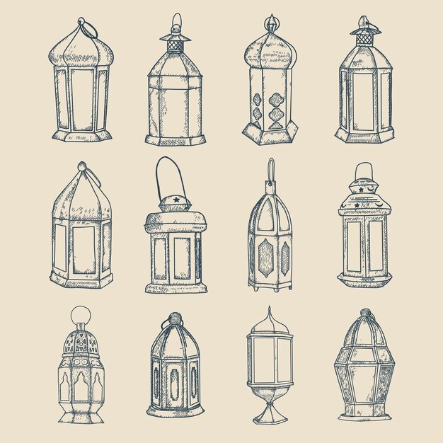 Vector set ramadan lantern for your design ramadan kareem hand drawn vector illustration old vintage lantern graphic