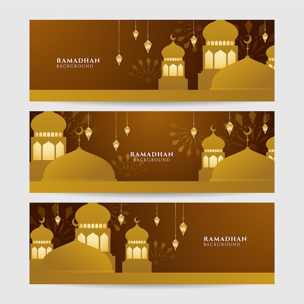 Set of Ramadhan gold colorful wide banner design background Islamic ramadan kareem banner background with crescent pattern moon star mosque lantern Vector illustration