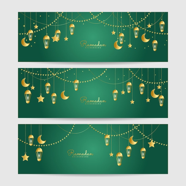 Set of Ramadhan lantern green gold colorful wide banner design background