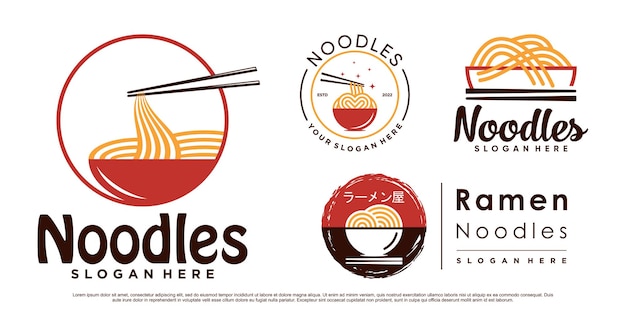 Set of ramen noodle icon logo design bundle with bowl chopstick and creative concept Premium Vector