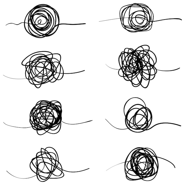 Set of random chaotic lines Hand drawing insane tangled scribble clew Vector icon isolated on white