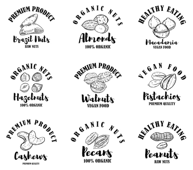 Vector set of raw nuts labels. design element for logo, label, sign.