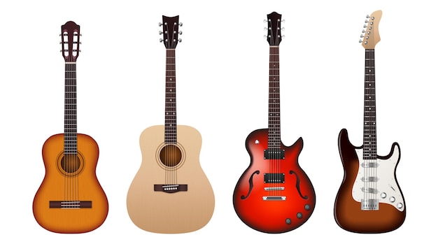 Set of realistic acoustic and electric guitars isolated on white background Classic and modern string music instruments template icons 3d vector illustration