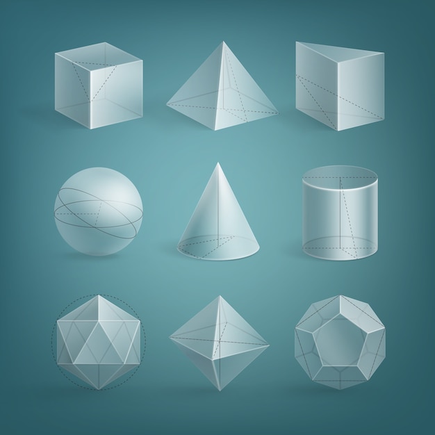 set of realistic basic transparent shapes with outline