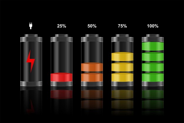 Vector set of realistic battery charge indicators with low and high energy levels