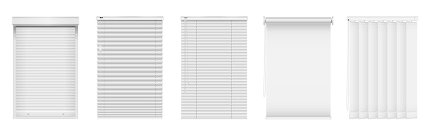 Set of realistic blinds or window louver Plastic or metal curtain for office or home interior Vertical and horizontal jalouse Roller for windows decoration and protection Vector illustration