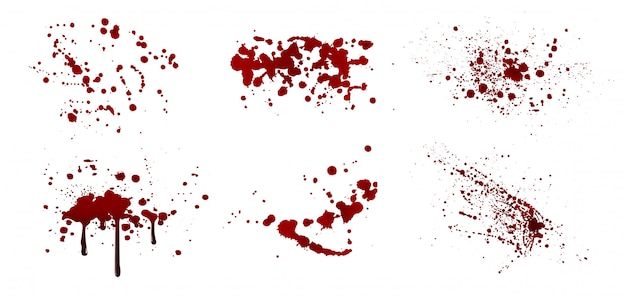 Set of realistic blood splatters. Drop and blobs. Bloodstains isolated.