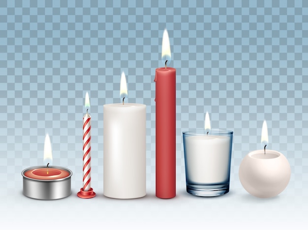 set of realistic burning different white and red candles