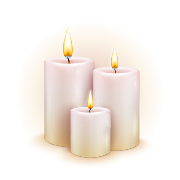 Set of realistic candles with fire on white background