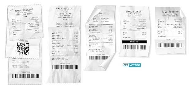 set of realistic cash register sales receipt isolated or cash receipt printed white paper