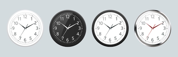 Set of Realistic classic black, white and silver round wall clock icon isolated on white background. Vector Illustration