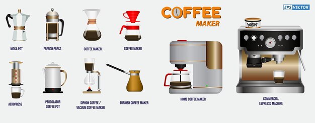 Vector set of realistic coffee maker isolated such as hario chemexfrench pressmoka potaero press