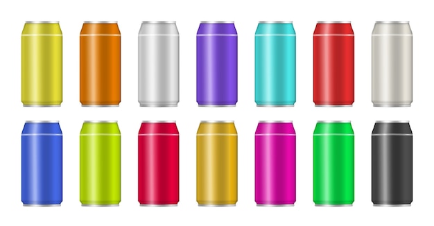 Set of realistic colorful aluminum drink cans. Aluminum can with soda or juice isolated on transparent background for advertising.   