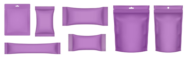 Set of realistic doy pack mockups Purple flow pack sachet zip bag and doypack Ice cream wrapper