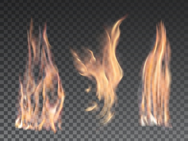 Set of realistic fire flames on transparent