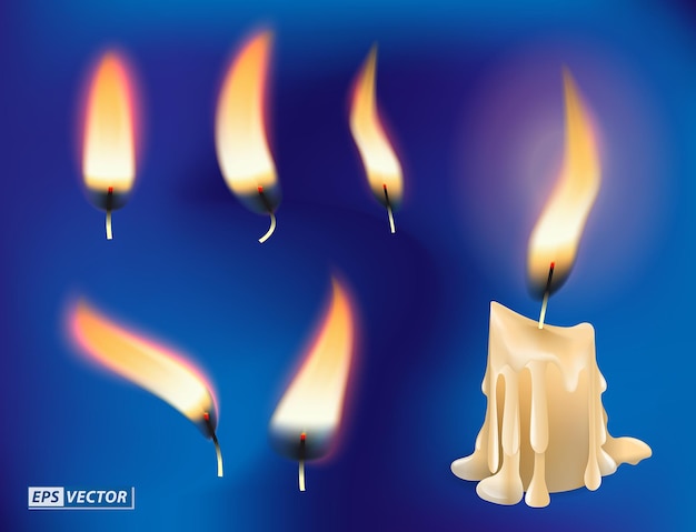 set of realistic flame candles effect or burning candle light with glowing flames.