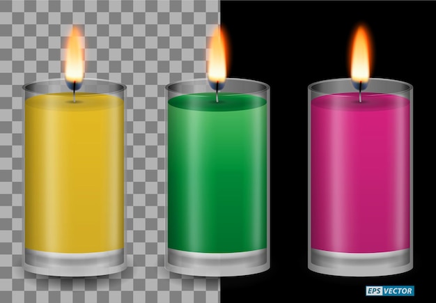 set of realistic flame candles effect or burning candle light with glowing flames.