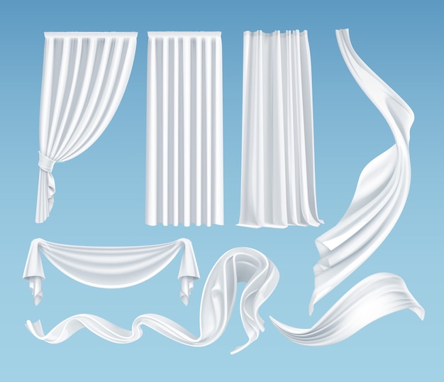  set of realistic fluttering white cloths, soft lightweight clear material and curtains isolated on gradient blue background