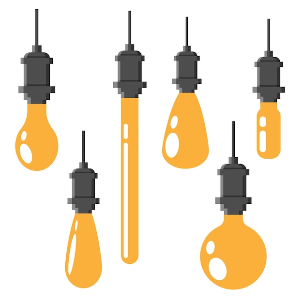 Set of realistic glowing lights hanging on a wire. Incandescent lamp vector with white background