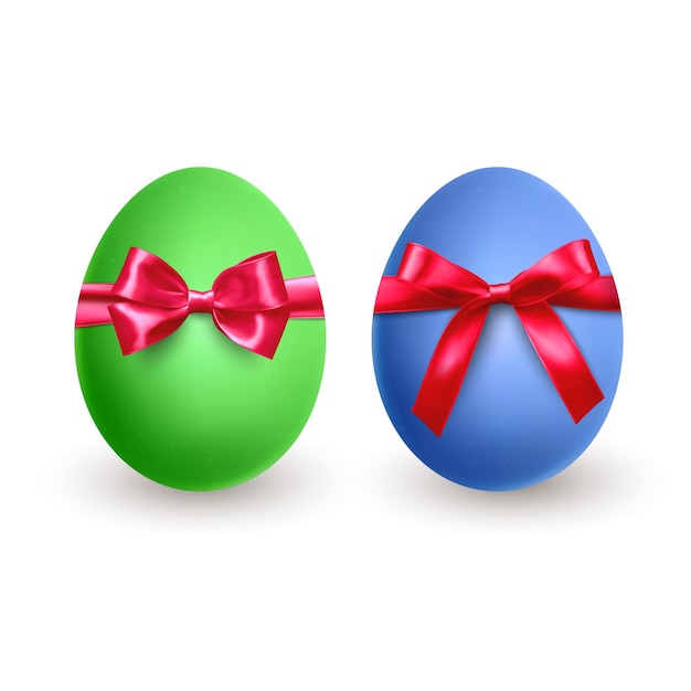 Set of Realistic green and blue Easter egg, with red bow