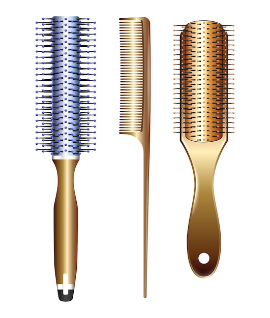 set of realistic hairbrush isolated or hot curling radial brush comb or barbershop equipment tools