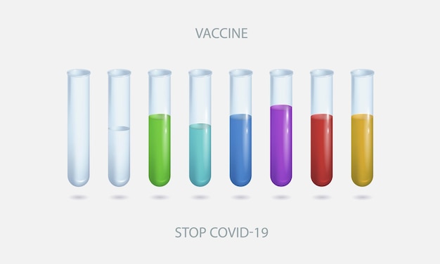 A set of realistic illustrations of eight test tubes with empty orange purple green blue and red liquid isolated Icons for study vaccination against covid 19 Vector illustration