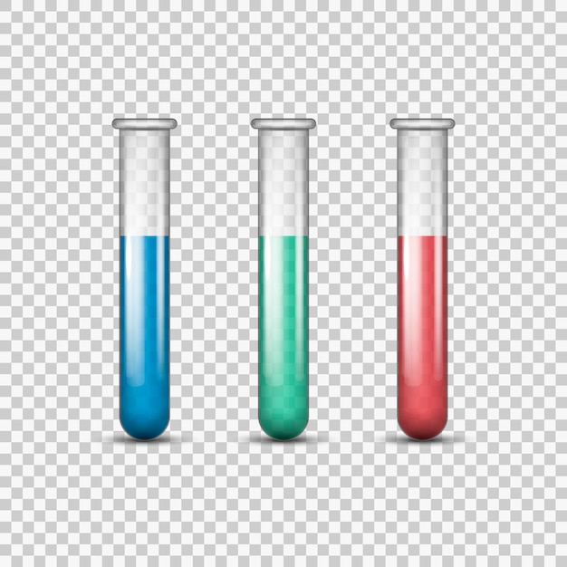 A set of realistic illustrations of five test tubes with empty orangegreen blue and red liquid isolated on a transparent backgroundvector illustration