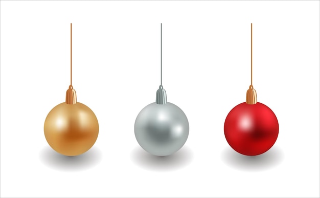 Set of realistic matte Christmas balls with shadows Red gold and silver Isolated vector elements for stickers posters postcards design elements