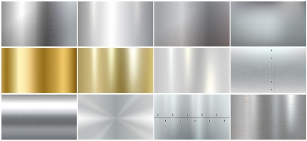 Set of realistic metal textures: brushed steel, silver and golden surfaces templates. Collection of glossy chrome gradient panels. Vector illustration