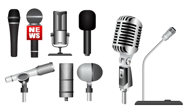 set of realistic microphone mic standing at podium Classic mic concept set eps vector