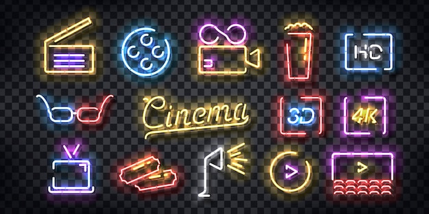  set of realistic  neon sign of Cinema logo for template decoration and invitation covering on the transparent background.