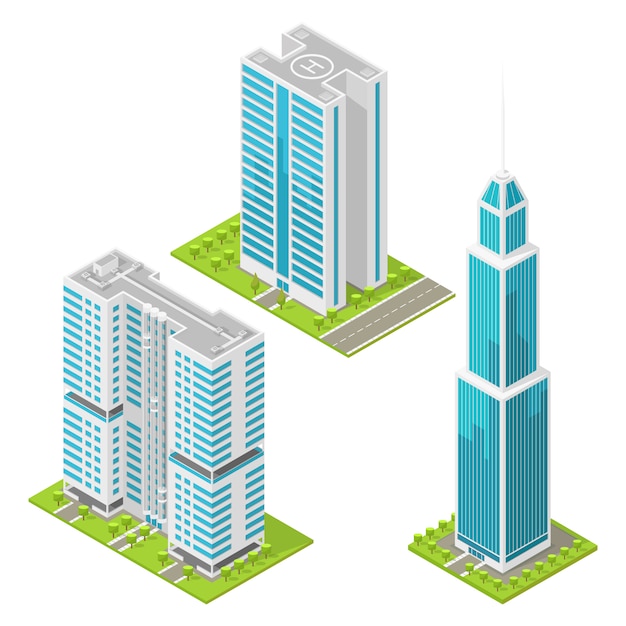 Set of realistic office buildings, isometric skyscrapers.  illustration.