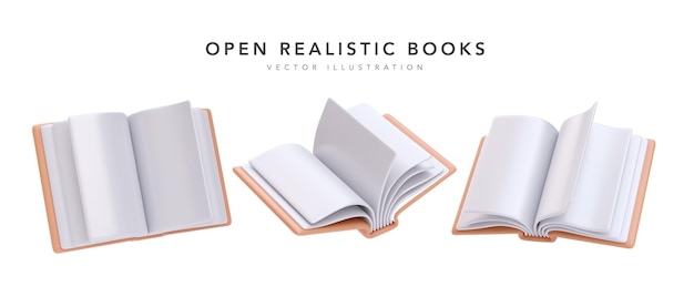 Set of realistic open books isolated on white background Vector illustration