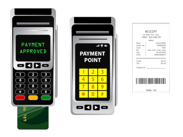 set of realistic payment terminal methods or mobile banking payment with smartphone.