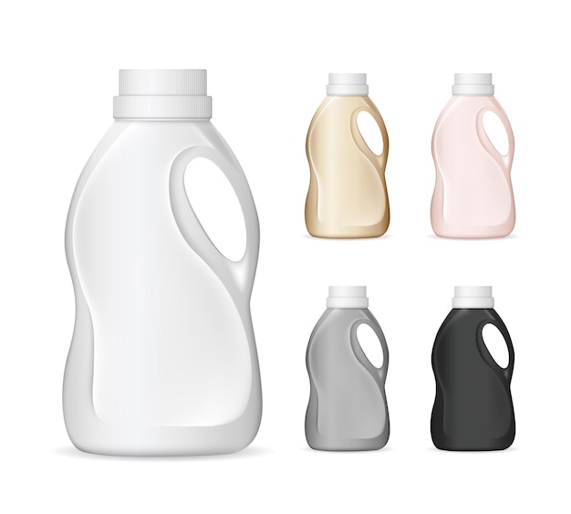 Set of realistic plastic bottles in different colors for liquid laundry detergent, bleach, etc