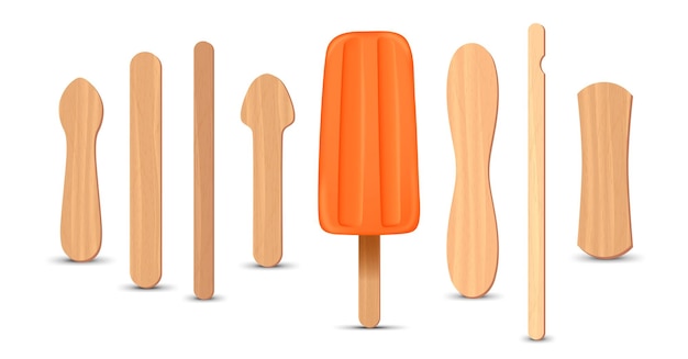 Set of realistic popsicle sticks orange ice cream d vector illustration summer season