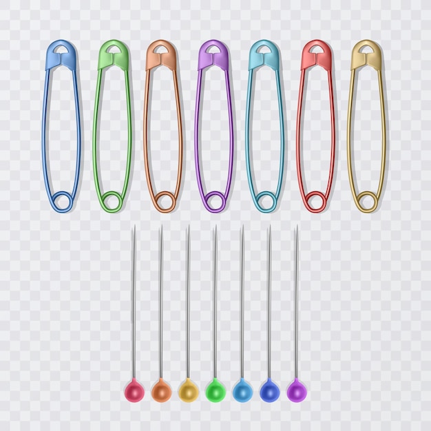 Set of Realistic safety pins for clothes safety pins of rainbow colors isolated on white