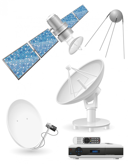 Set of realistic satellite broadcasting vector illustration