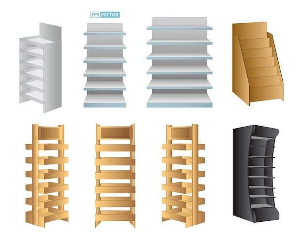 set of realistic shelf retail trade or stand rack shelves for promotion or display rack mock up