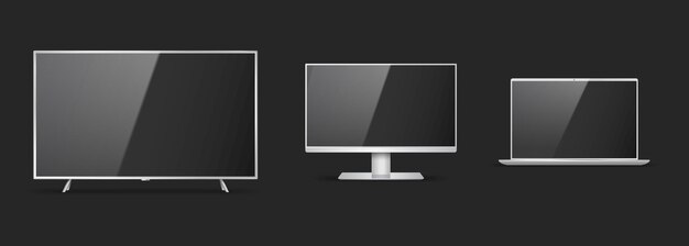 Vector set of realistic smart tv, computer monitor and laptop devices with empty screens on black background. modern gadgets monitors mockups. vector illustration