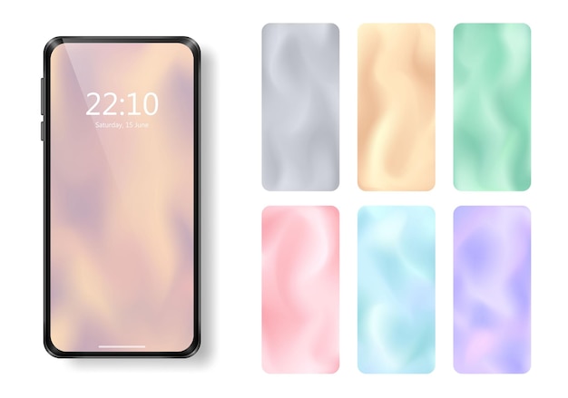 Vector set of realistic smartphone and 6 abstract pastel display backgrounds with blurred soft gradient