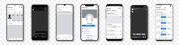 Set of realistic smartphone mockup with Facebook template frame for social network