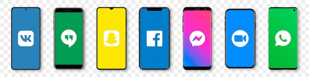 Set of realistic smartphone mockup with social network logos