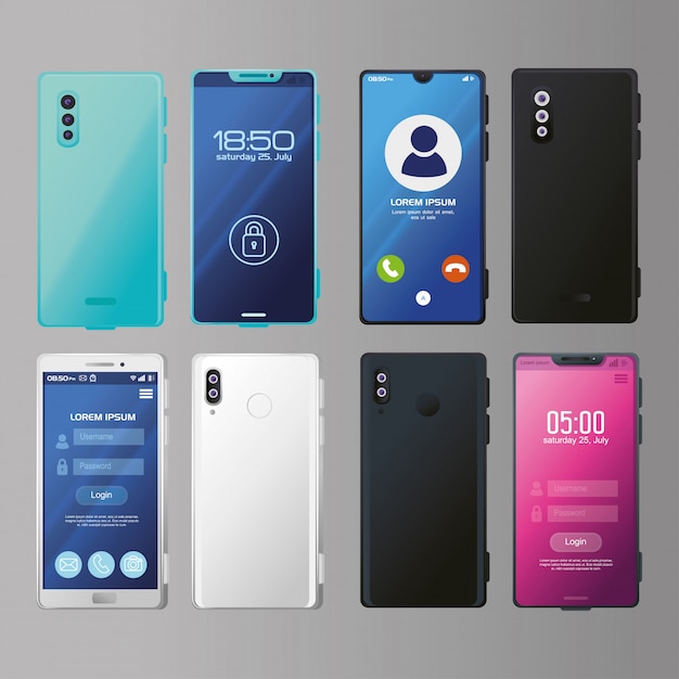 Set of realistic smartphones mockup with safety app and call in screen