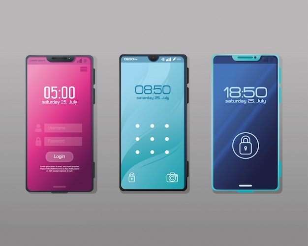 Set of realistic smartphones mockup with safety app on the screen